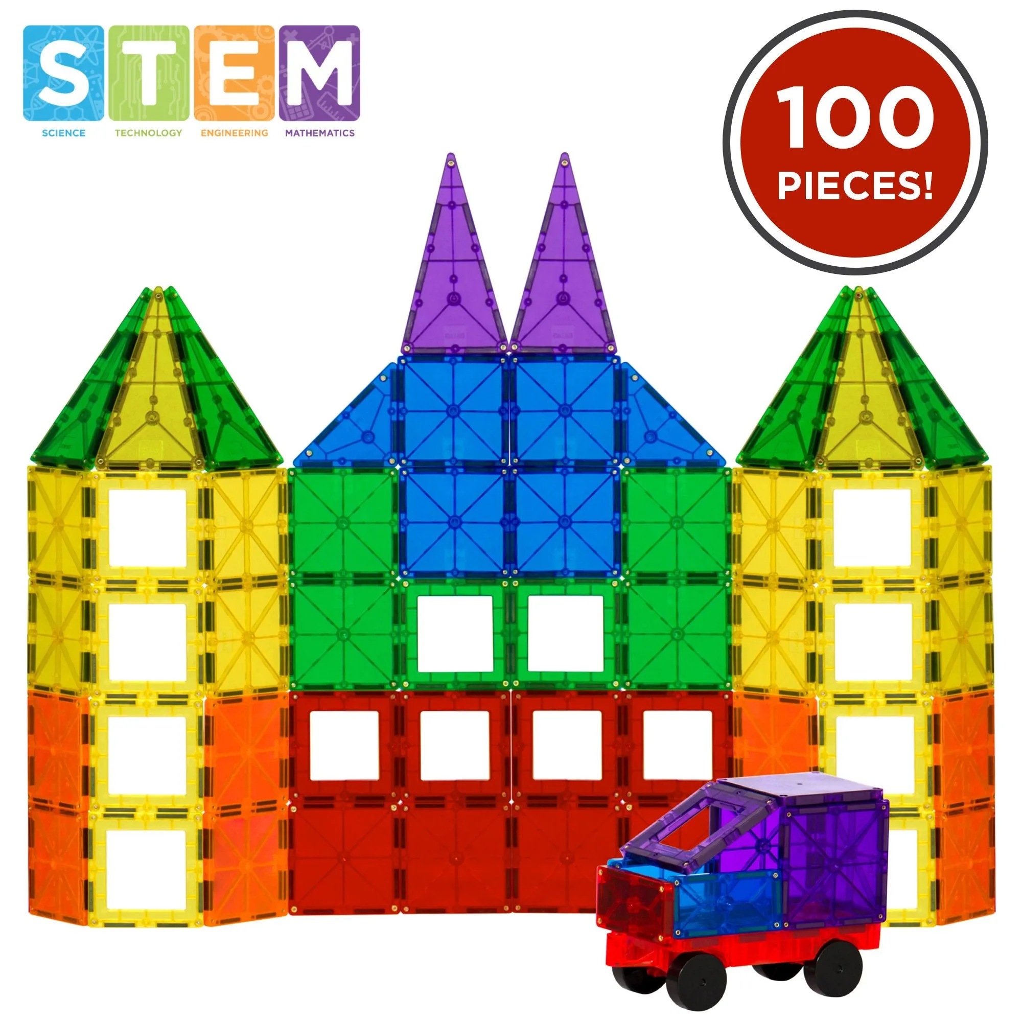 100-Piece Kids Clear Rainbow Magnetic Building Block Tiles Toy Set - Multi