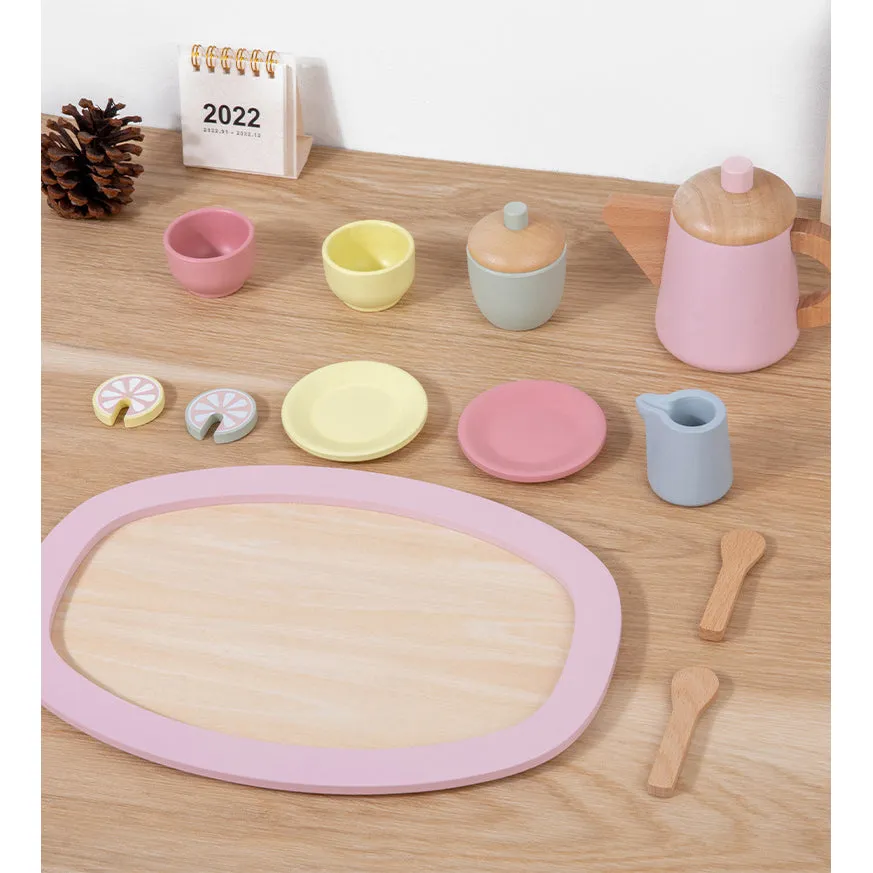 12 Pcs Wooden Tea Cup Saucers Spoons Tray Set