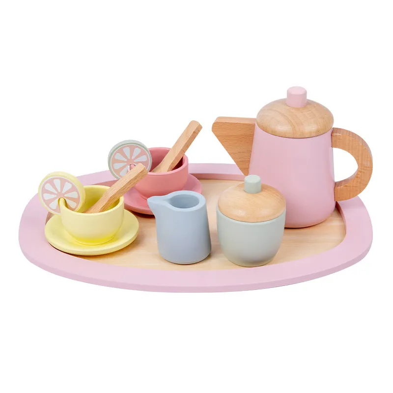 12 Pcs Wooden Tea Cup Saucers Spoons Tray Set