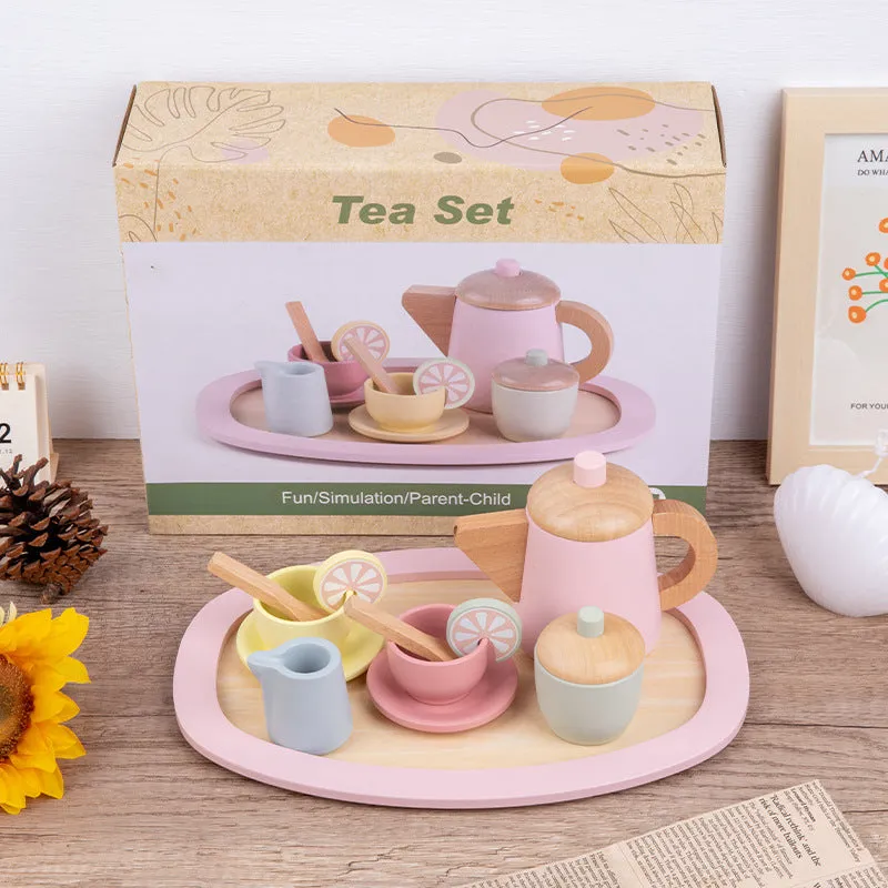 12 Pcs Wooden Tea Cup Saucers Spoons Tray Set