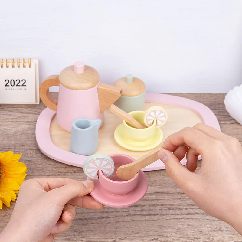 12 Pcs Wooden Tea Cup Saucers Spoons Tray Set