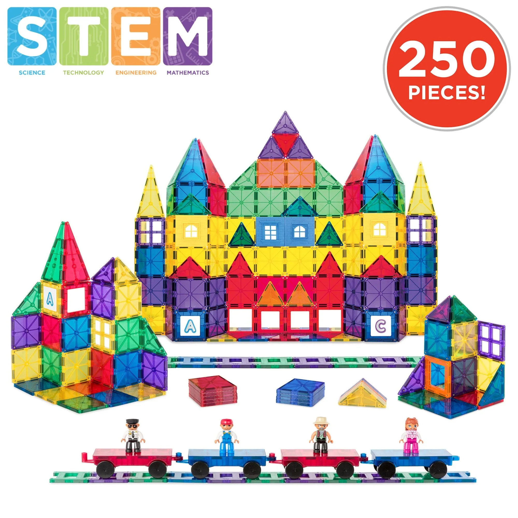 250-Piece Kids STEM 3D Rainbow Magnetic Building Block Tile Toy Play Set