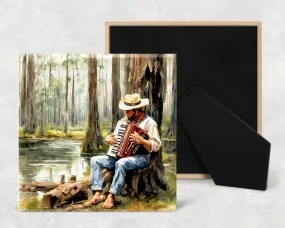 Art Tile, CJ, Cajun Accordion Player , 4"x4" or 6"x6", Ceramic, watercolor, easel back