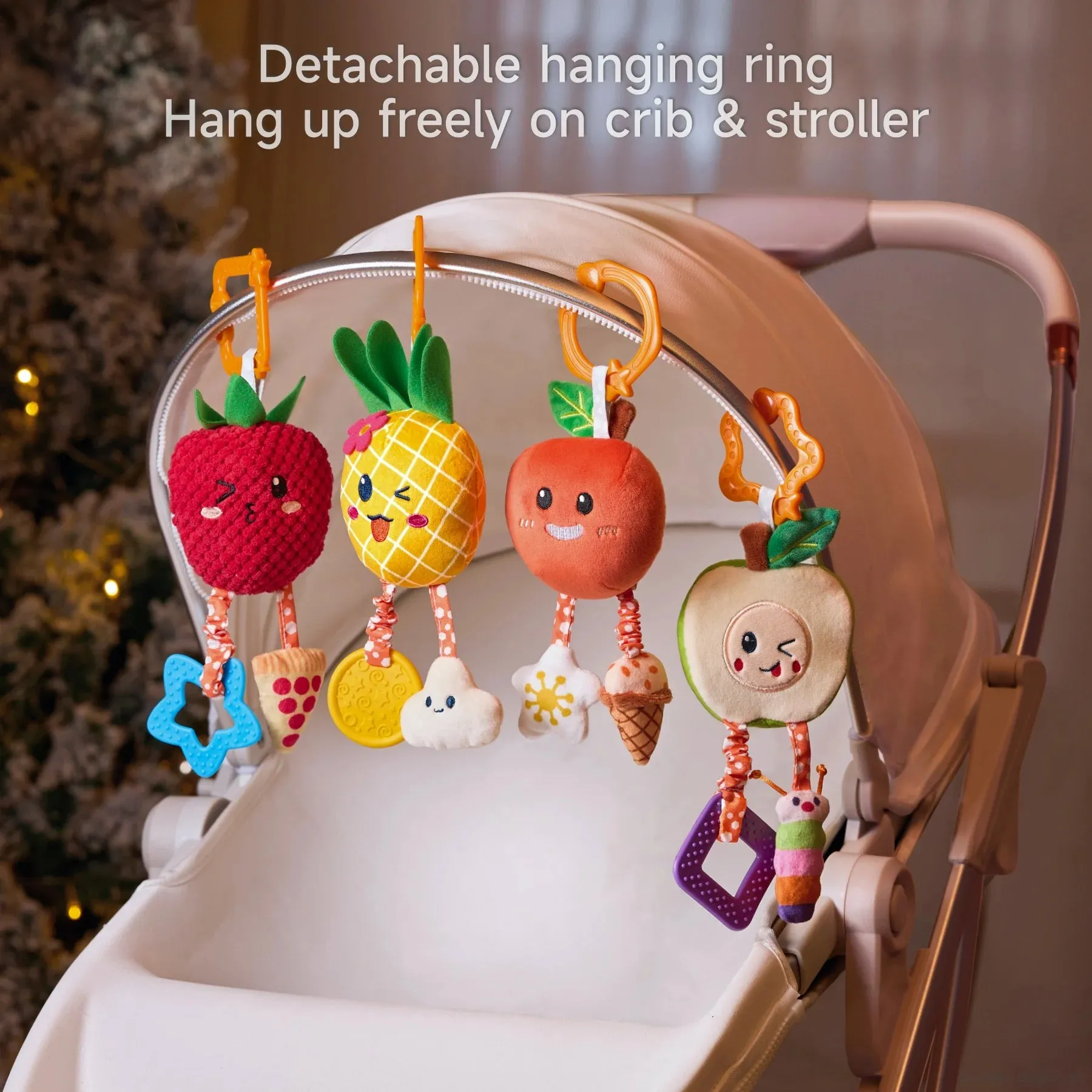 Baby toy, hanging fruit rattle set for crib stroller carseat apple pineapple raspberry apricot play set for newborn infant 0 Month 