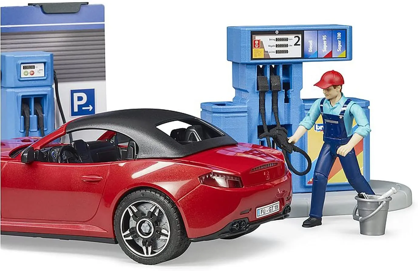 Bruder Gas Service Station with Shop, Car Wash, Roadster and Two Action Figures