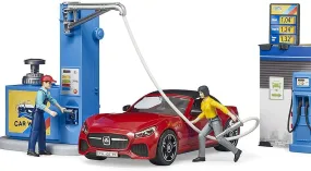 Bruder Gas Service Station with Shop, Car Wash, Roadster and Two Action Figures