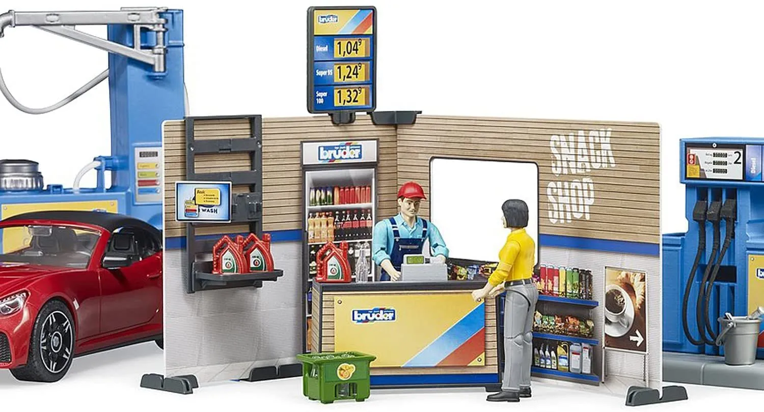 Bruder Gas Service Station with Shop, Car Wash, Roadster and Two Action Figures