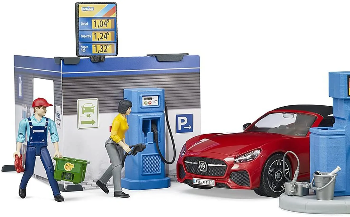 Bruder Gas Service Station with Shop, Car Wash, Roadster and Two Action Figures