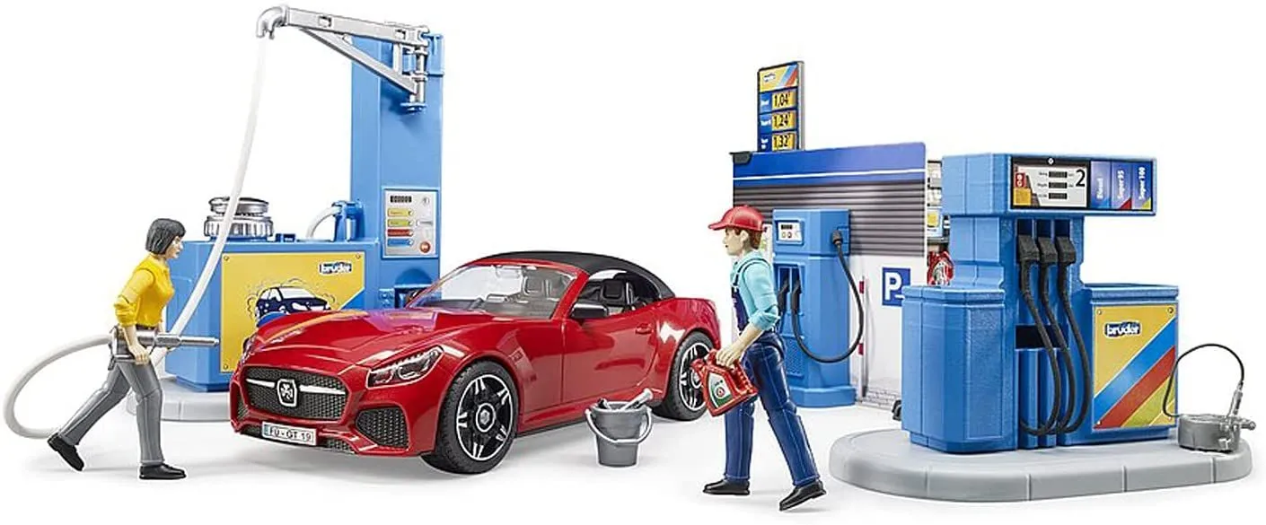 Bruder Gas Service Station with Shop, Car Wash, Roadster and Two Action Figures