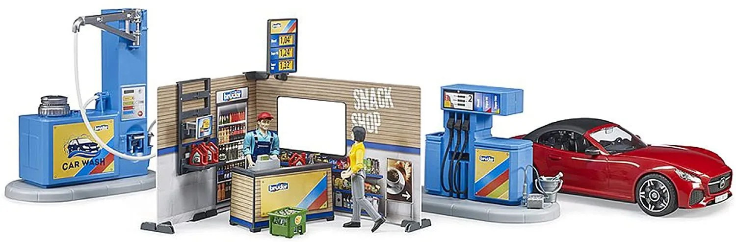 Bruder Gas Service Station with Shop, Car Wash, Roadster and Two Action Figures