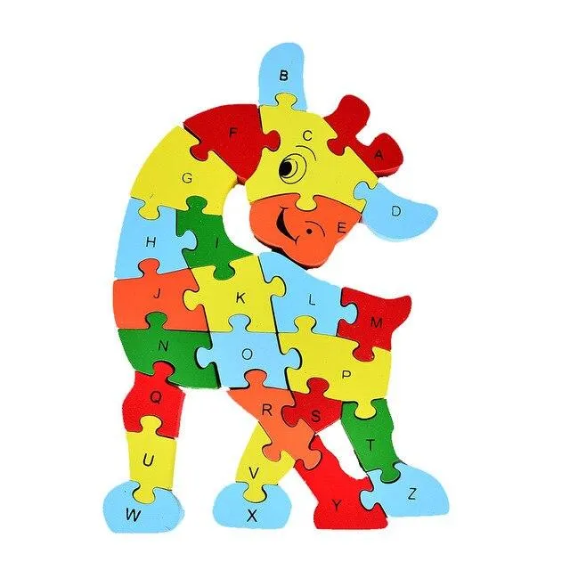 Kids Colorful Animal Building Puzzle Wooden Toys Letters Number Jigsaw Early Learning Educational Toys For Children