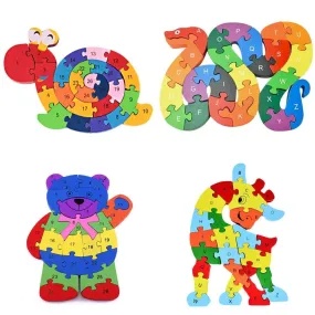 Kids Colorful Animal Building Puzzle Wooden Toys Letters Number Jigsaw Early Learning Educational Toys For Children