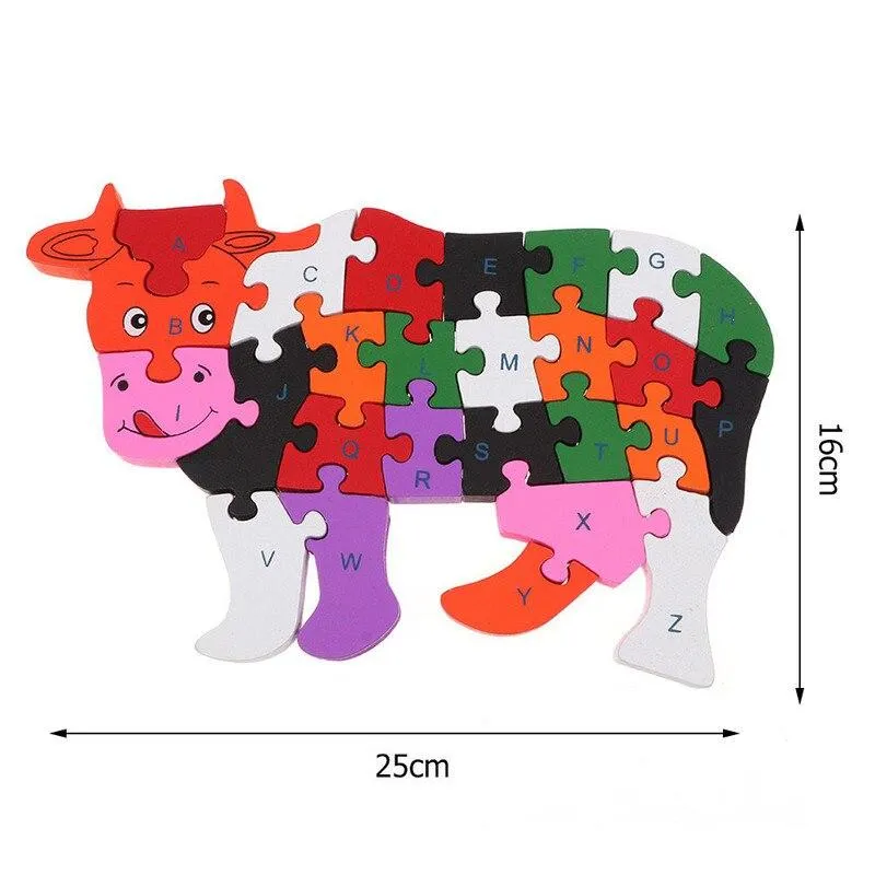 Kids Colorful Animal Building Puzzle Wooden Toys Letters Number Jigsaw Early Learning Educational Toys For Children