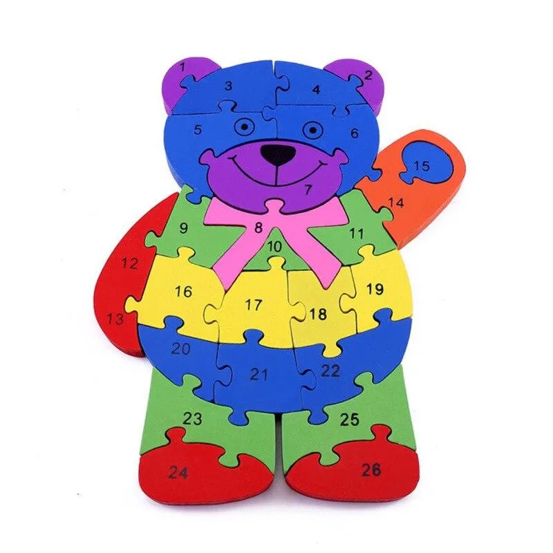 Kids Colorful Animal Building Puzzle Wooden Toys Letters Number Jigsaw Early Learning Educational Toys For Children