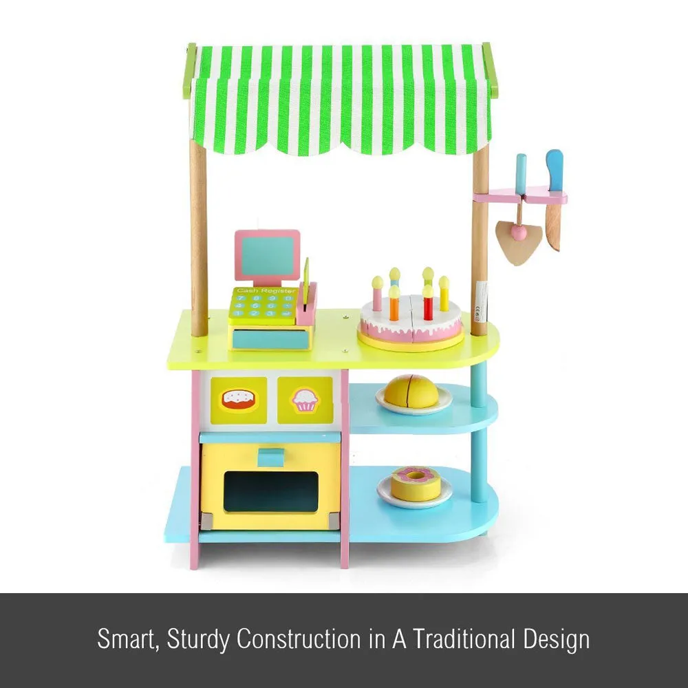 Kids Wooden Bakery Stand Counter Children Pretend Play Cake Toy Shop with Awning