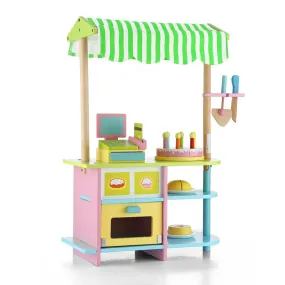 Kids Wooden Bakery Stand Counter Children Pretend Play Cake Toy Shop with Awning