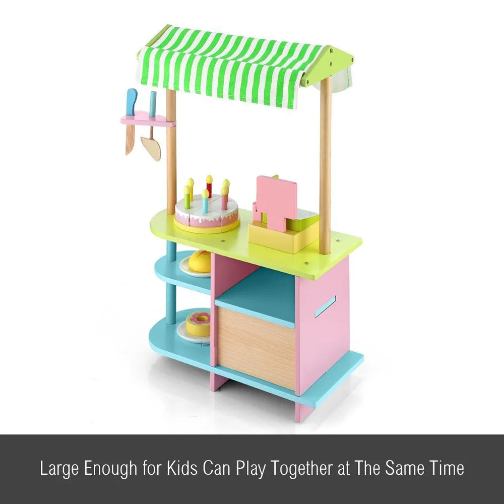 Kids Wooden Bakery Stand Counter Children Pretend Play Cake Toy Shop with Awning