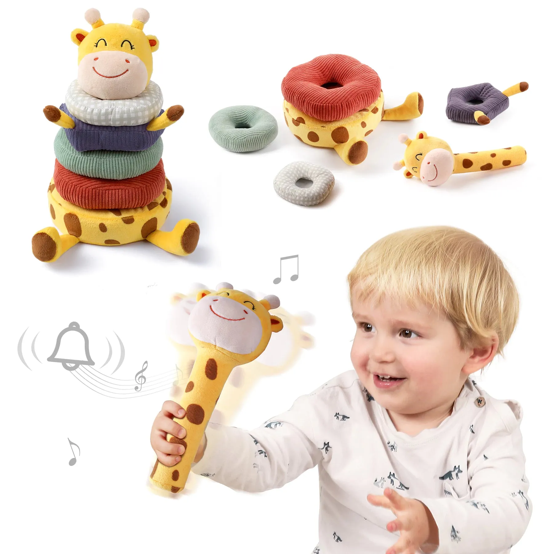 Plush stacking toy, montessori baby toy, soft giraffe stacking toys set hand grip rattle for 0 Month babies toddler