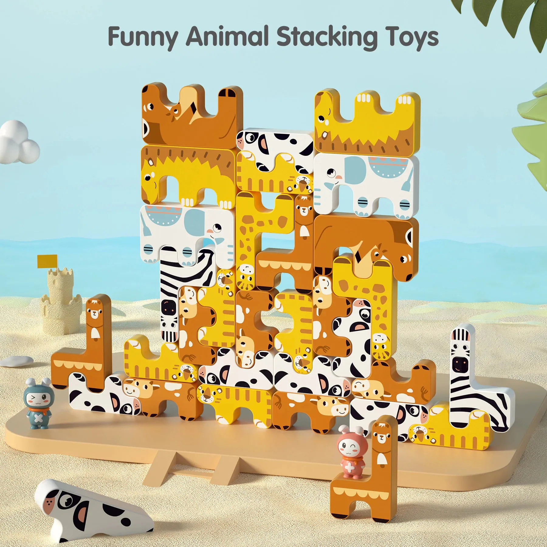 Stacking games toys, montessori animal balance blocks set learning interactive toy 15pcs for toddler kids 3 Years 