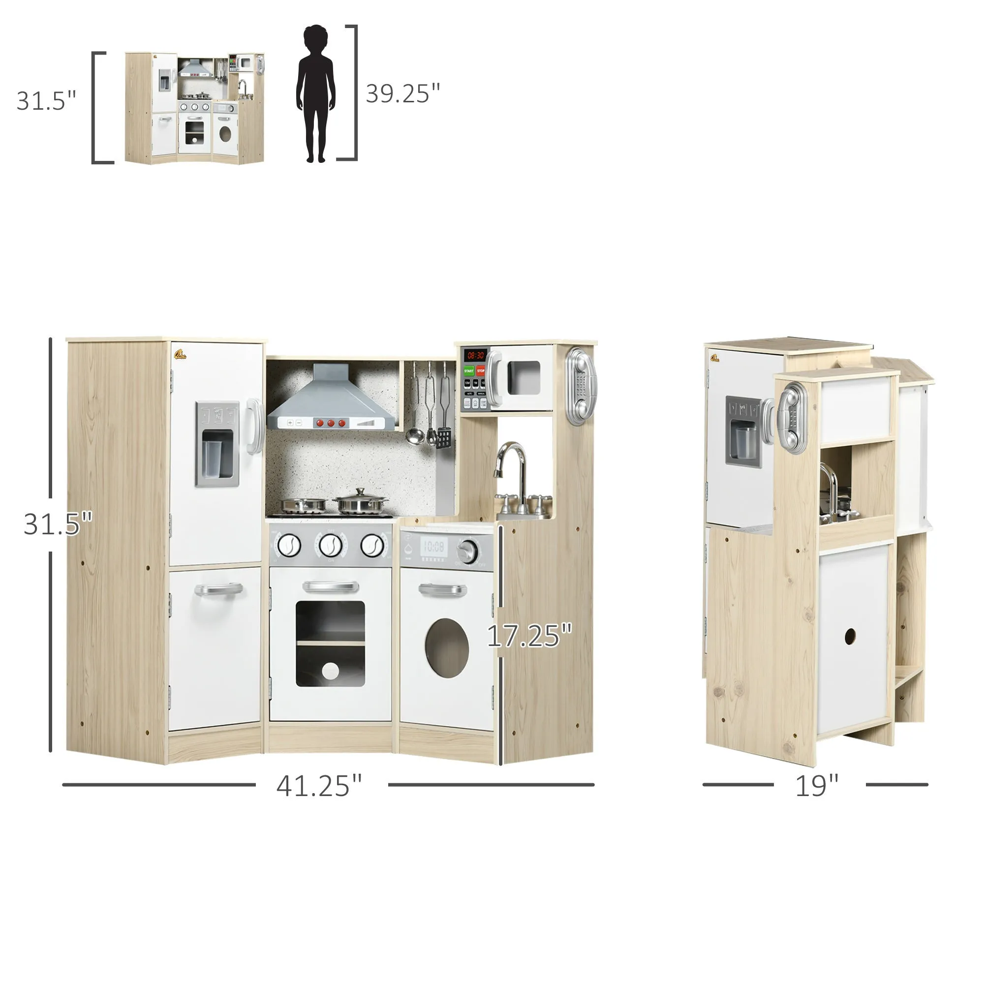 Ultra-Big Corner Kids Kitchen Playset with Sound Effects, Wooden Play Kitchen with Stainless Steel Cooking Toys, Imaginative Pretend Toy for Ages 3-6 with Phone, Ice Maker